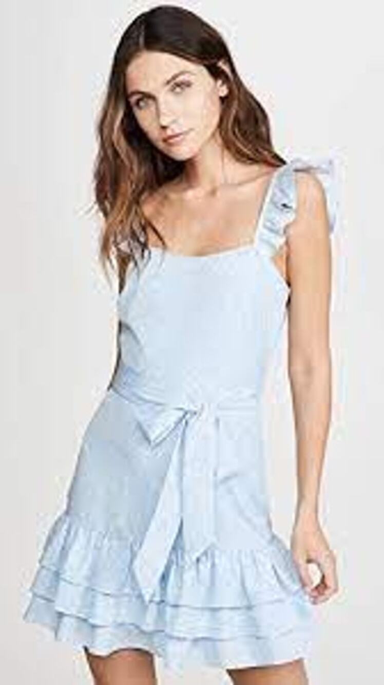 Likely Revolve Dress Floral Ruffle Trim Baby blue Mini Dress 8 NEW